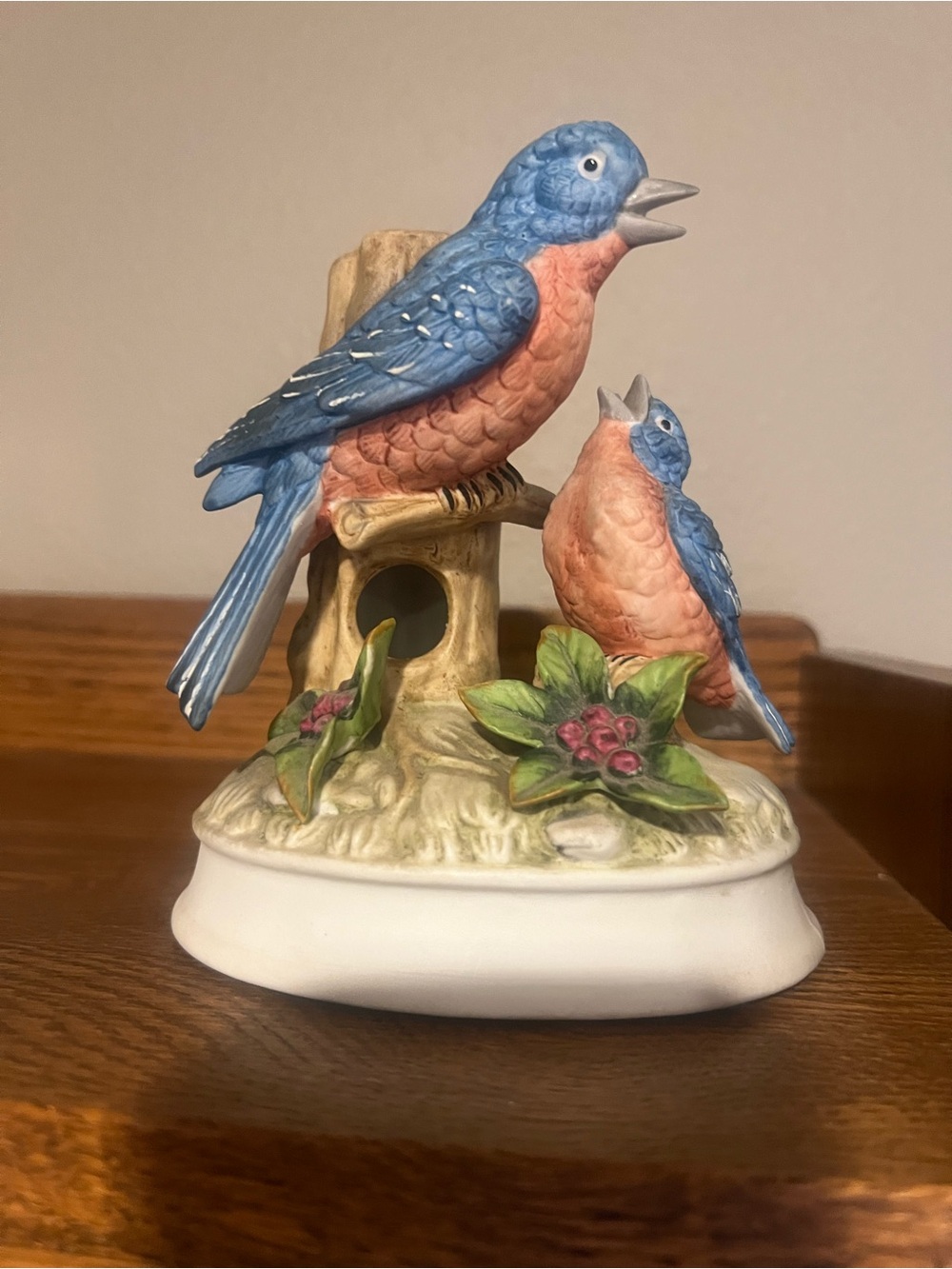 Vintage GORHAM Bisque Porcelain Blue Bird w/Baby 6" Tall Hand Painted Music Box